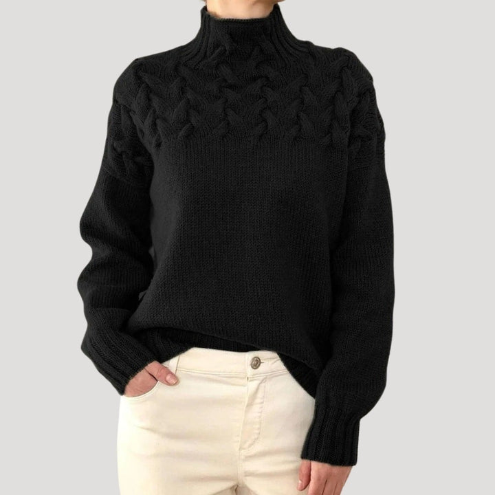 Women's Mock Neck Sweater with Cable Yoke - Ayla - Black