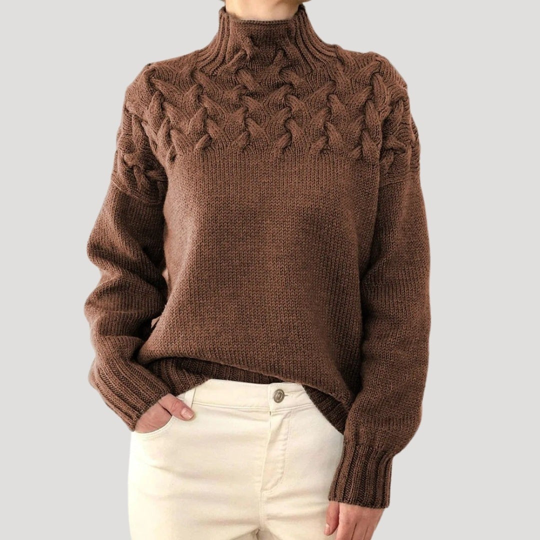 Women's Mock Neck Sweater with Cable Yoke - Ayla - Brown