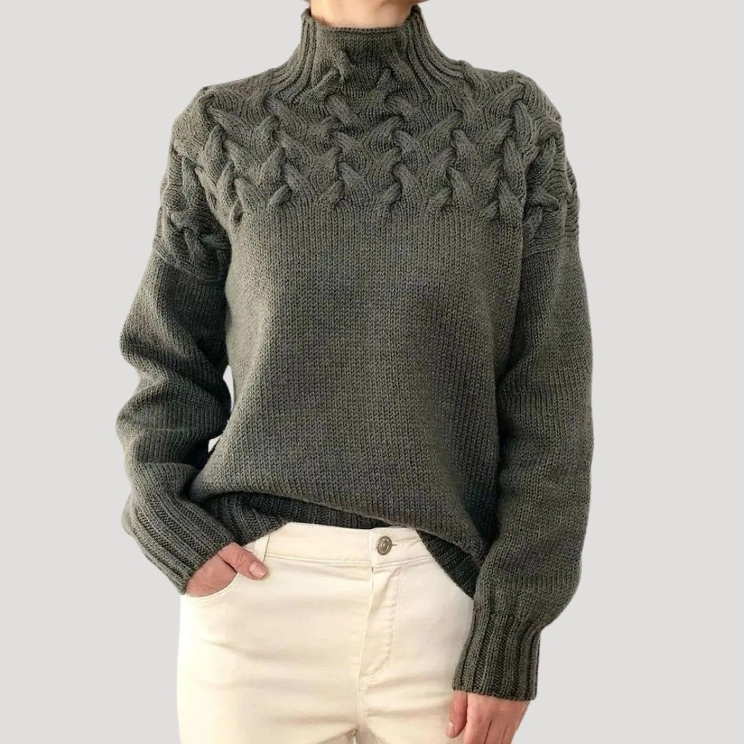 Women's Mock Neck Sweater with Cable Yoke - Ayla - Charcoal