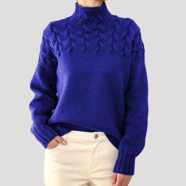 Women's Mock Neck Sweater with Cable Yoke - Ayla - Cobalt