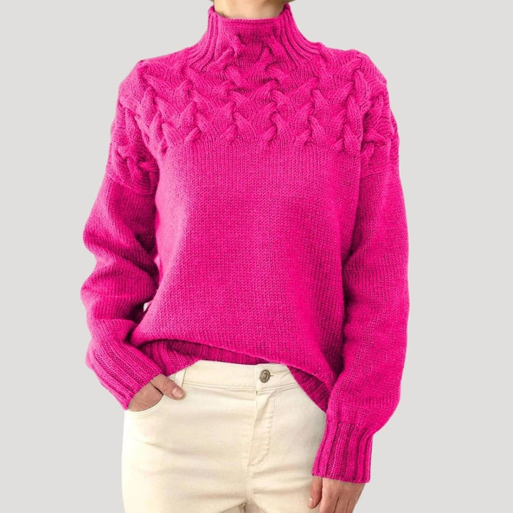 Women's Mock Neck Sweater with Cable Yoke - Ayla - Fuchsia