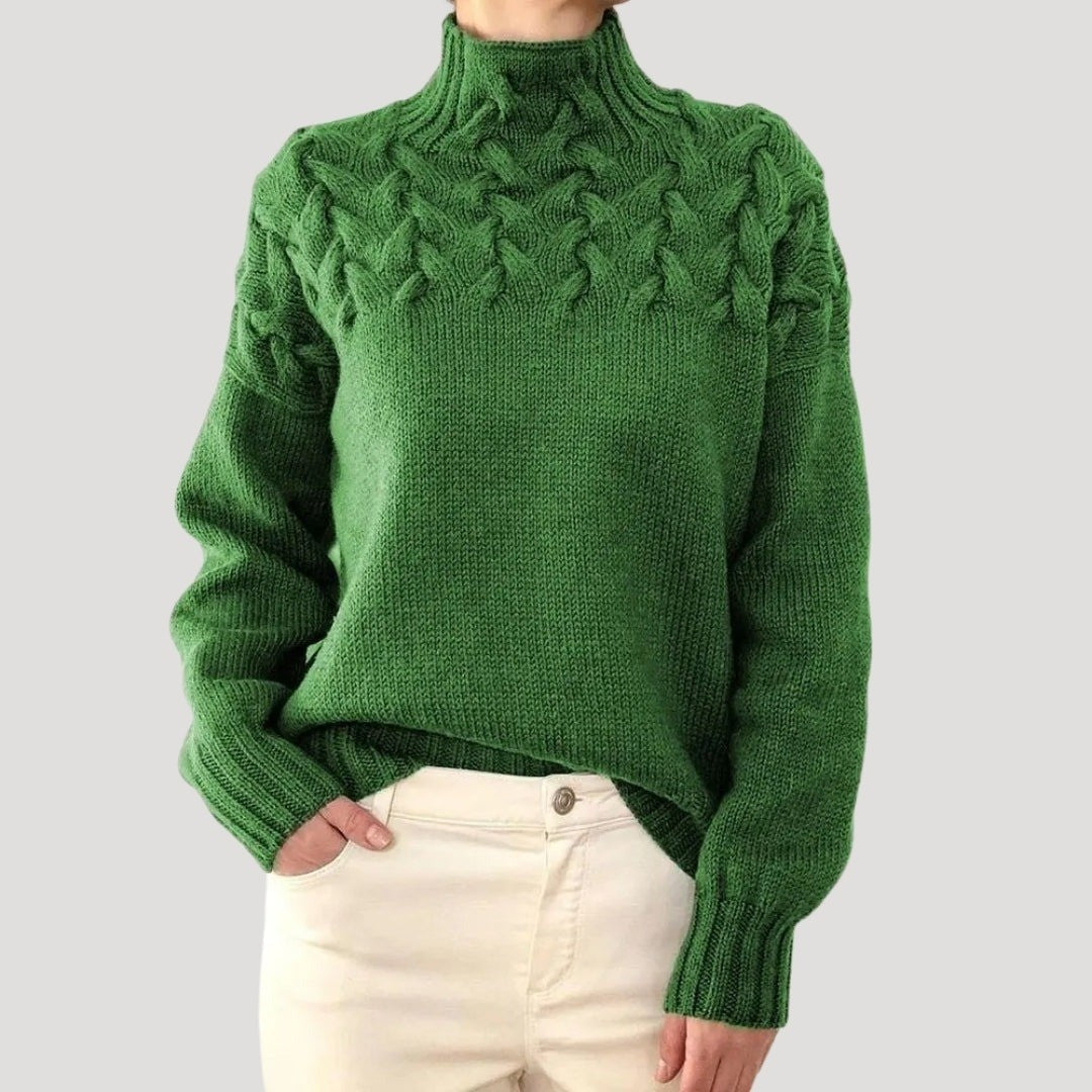 Women's Mock Neck Sweater with Cable Yoke - Ayla - Green