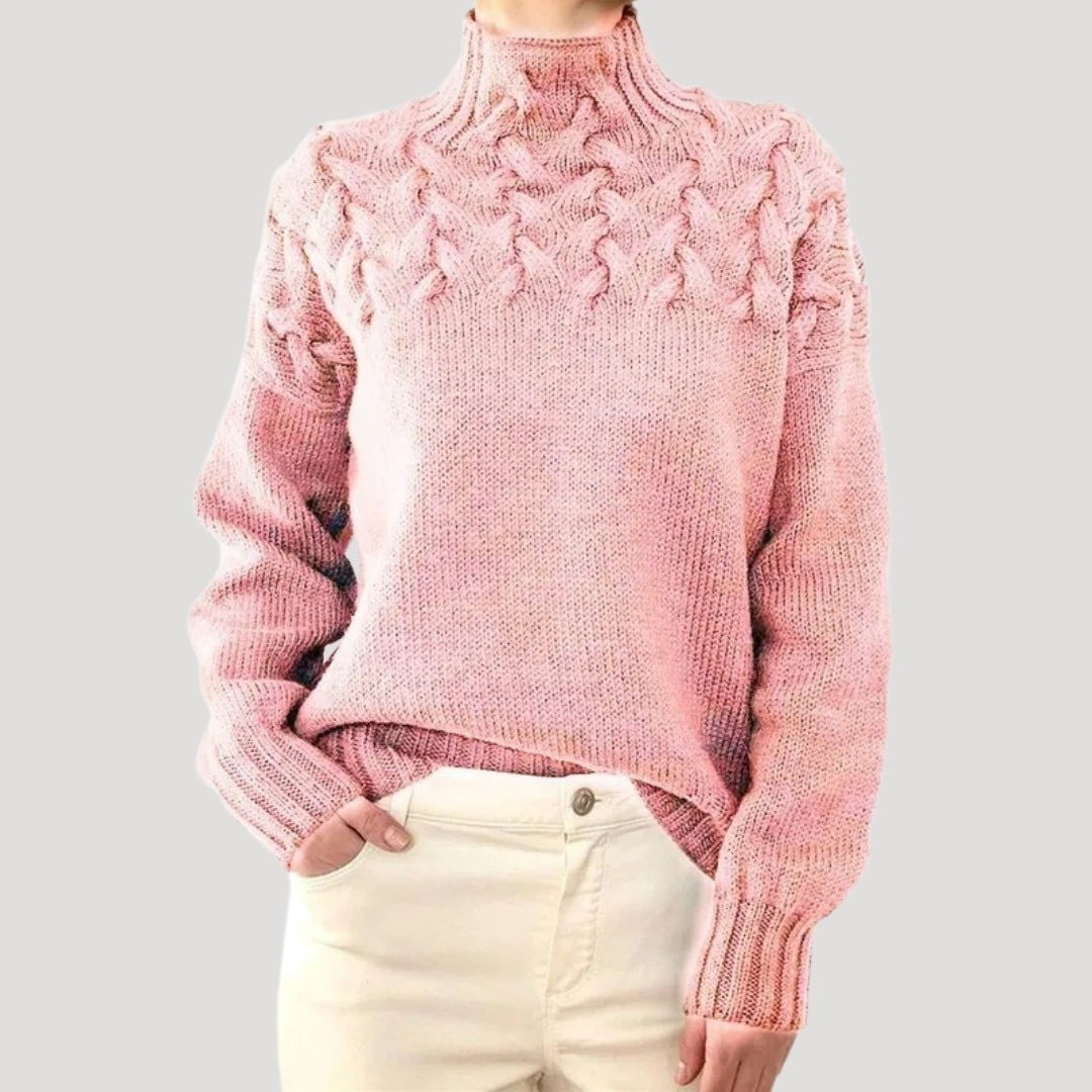 Women's Mock Neck Sweater with Cable Yoke - Ayla - Light Pink