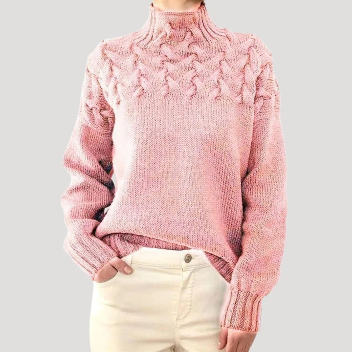 Women's Mock Neck Sweater with Cable Yoke - Ayla - Light Pink