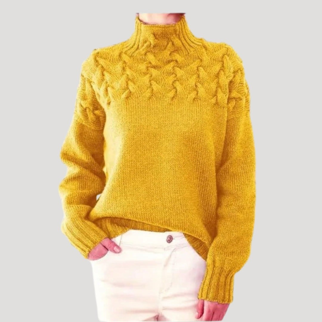 Women's Mock Neck Sweater with Cable Yoke - Ayla - Mustard