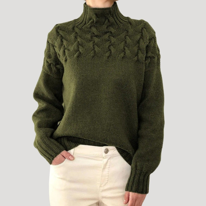 Women's Mock Neck Sweater with Cable Yoke - Ayla - Olive