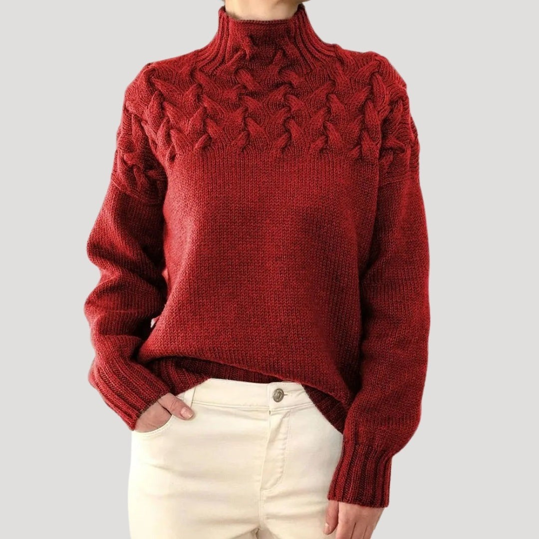 Women's Mock Neck Sweater with Cable Yoke - Ayla - Red