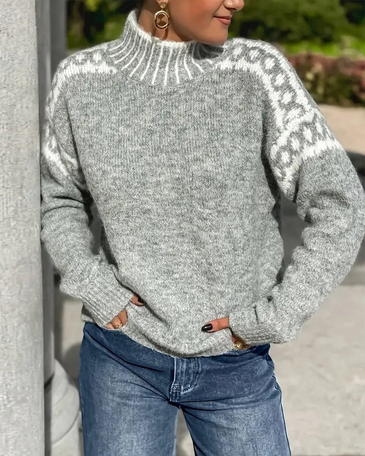 Women's Mock Neck Sweater with Chain Pattern - Jess - Heather Gray