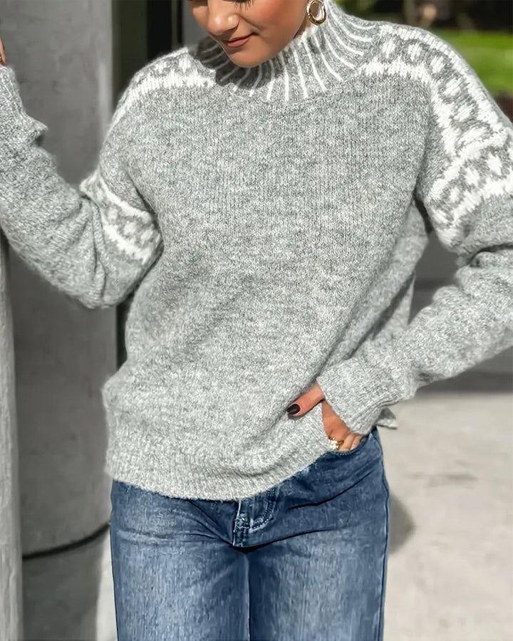 Women's Mock Neck Sweater with Chain Pattern - Jess - Heather Gray