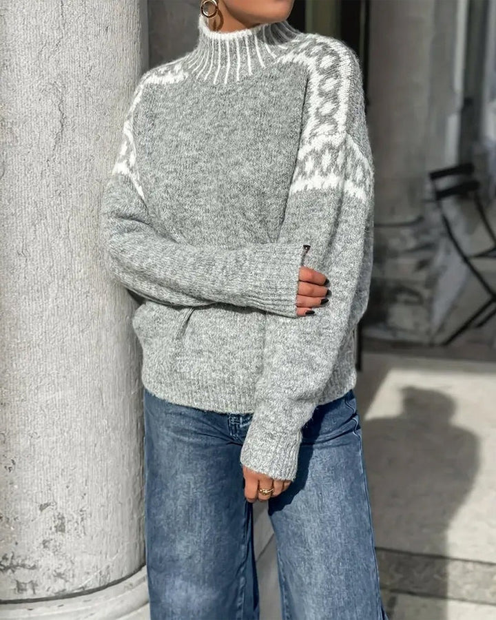 Women's Mock Neck Sweater with Chain Pattern - Jess - Heather Gray