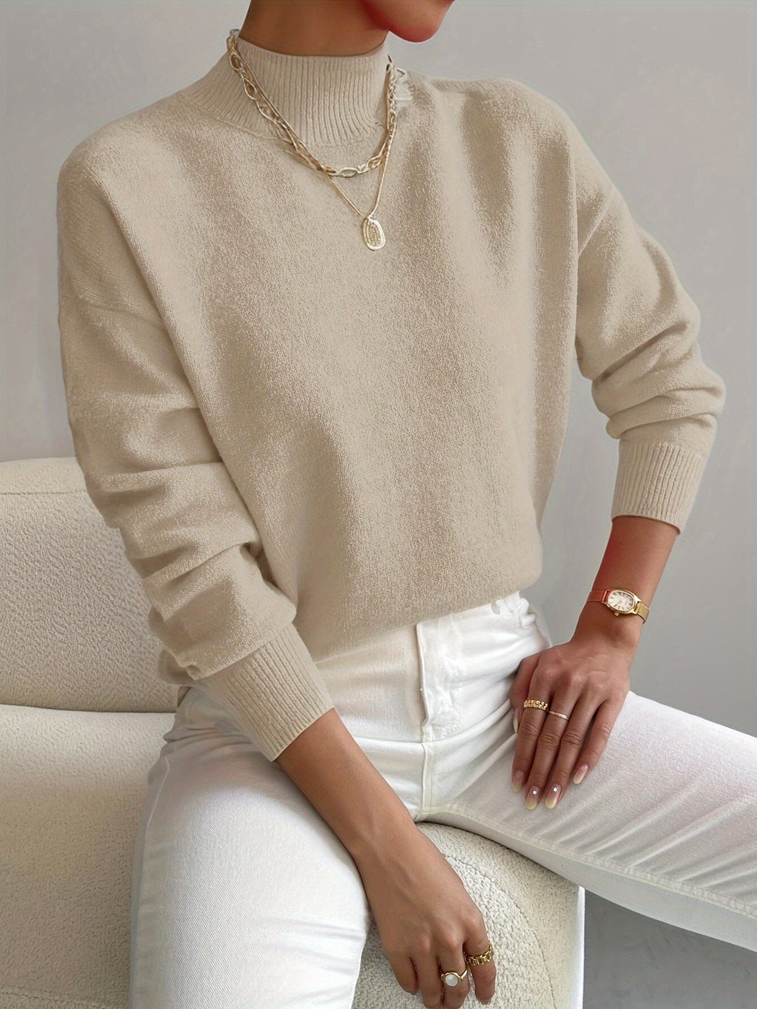 Women's Mock Neck Sweater with Dropped Shoulders - Wilma - Beige