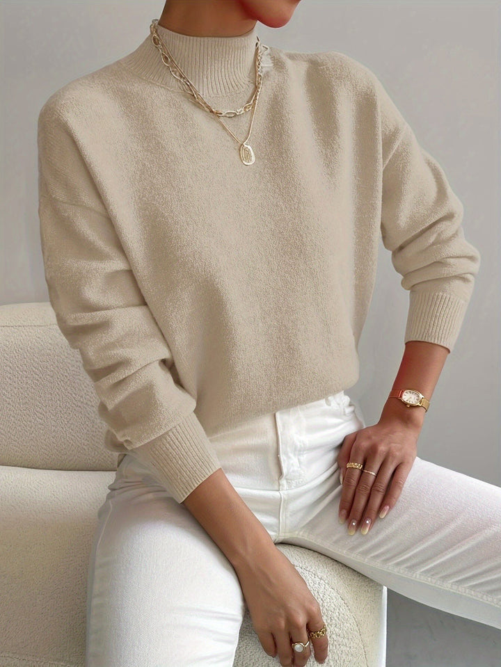 Women's Mock Neck Sweater with Dropped Shoulders - Wilma - Beige