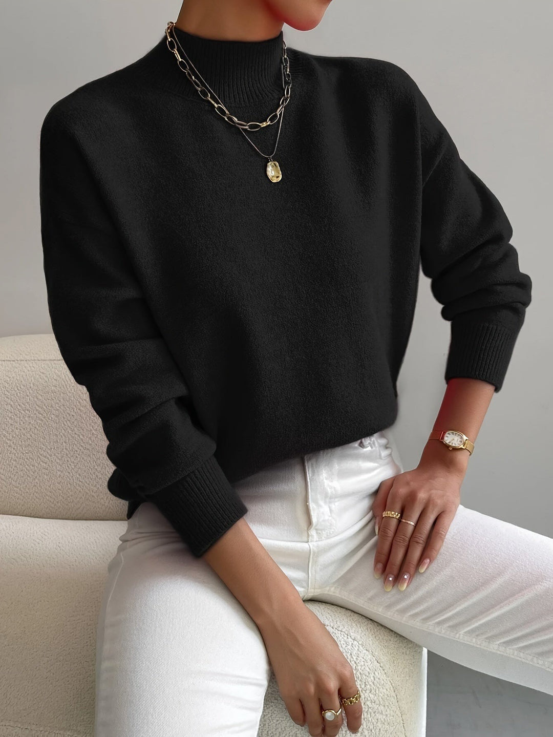 Women's Mock Neck Sweater with Dropped Shoulders - Wilma - Black