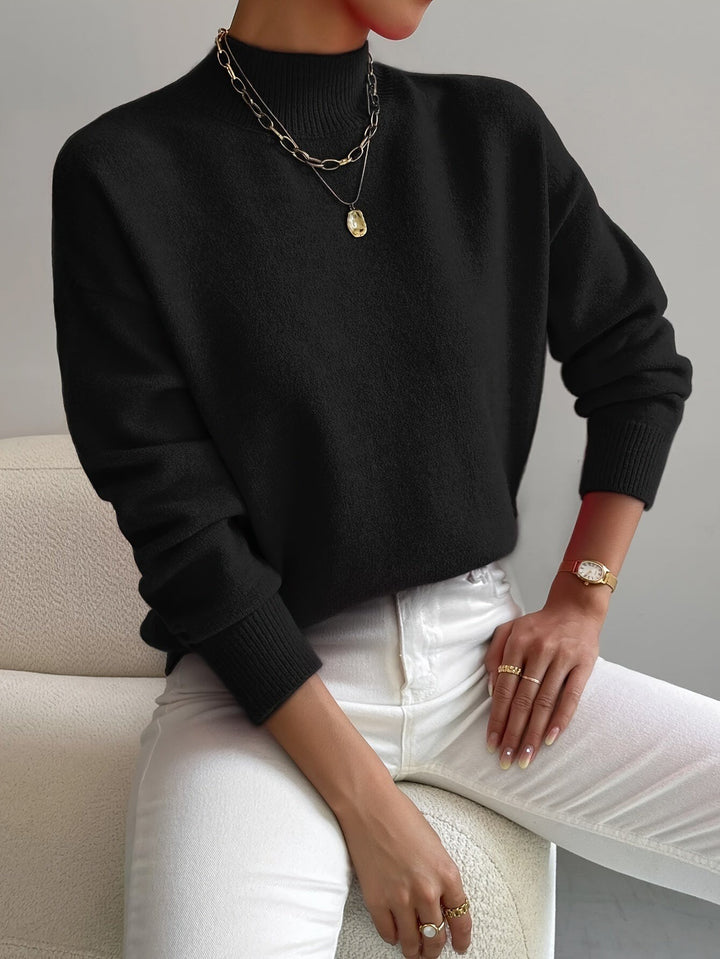 Women's Mock Neck Sweater with Dropped Shoulders - Wilma - Black