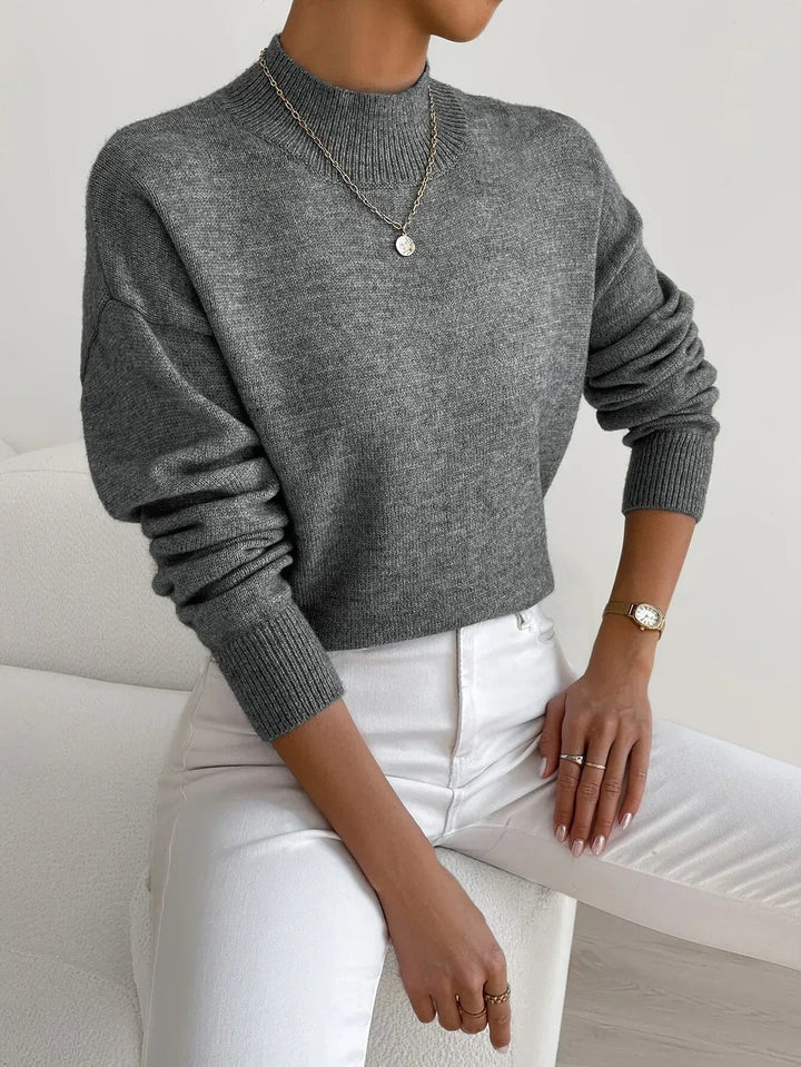 Women's Mock Neck Sweater with Dropped Shoulders - Wilma - Charcoal