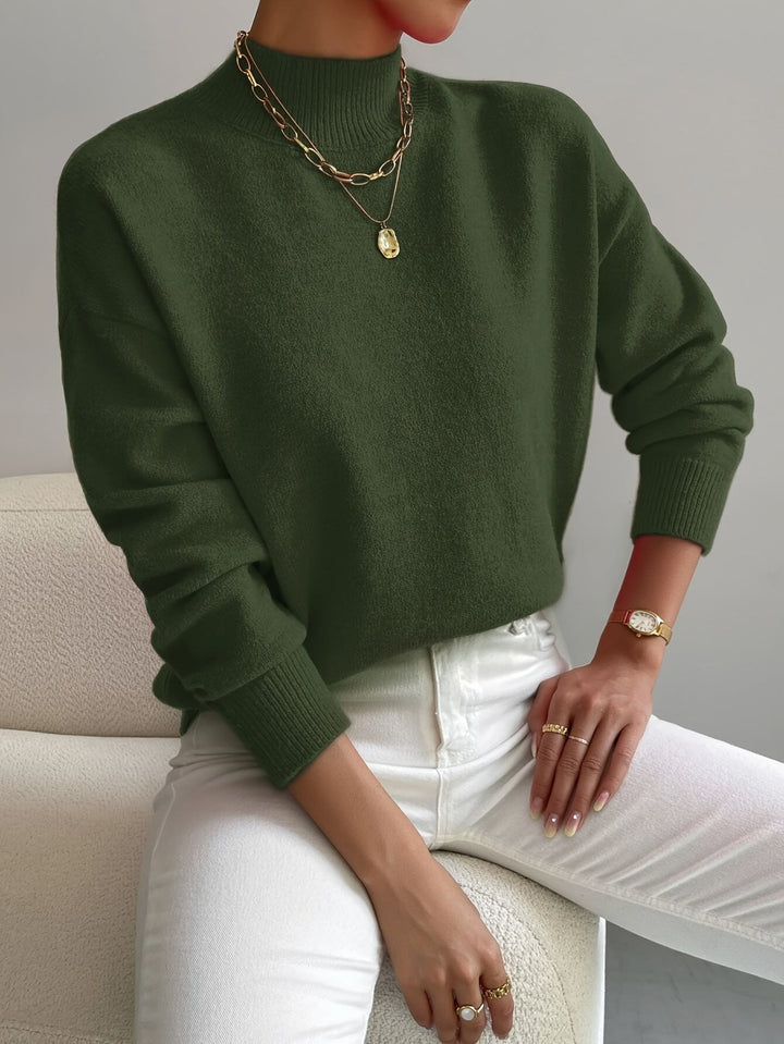 Women's Mock Neck Sweater with Dropped Shoulders - Wilma - Forest Green