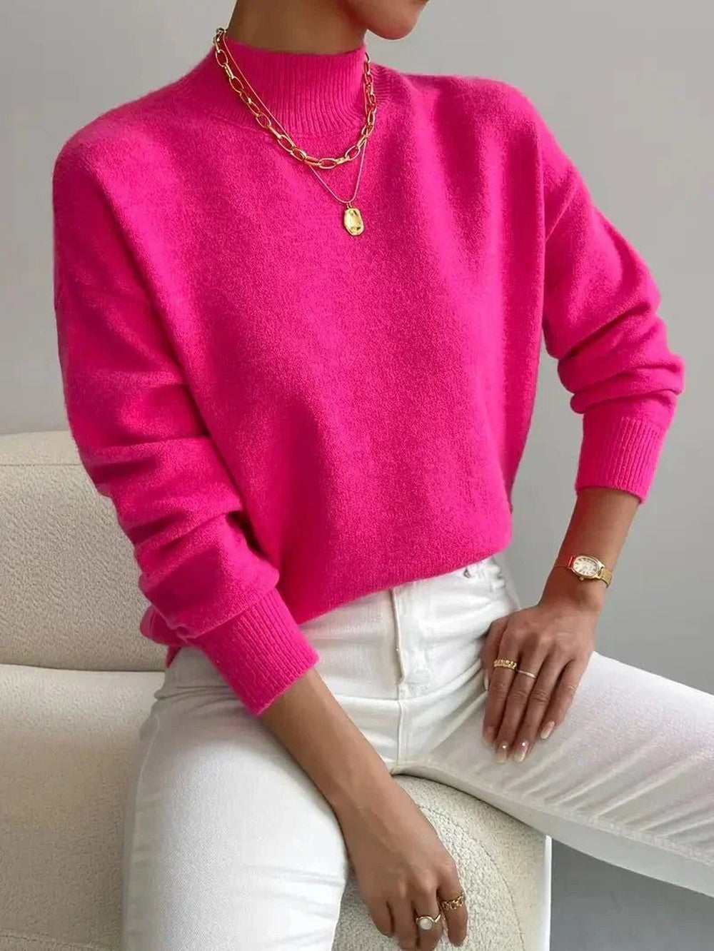 Women's Mock Neck Sweater with Dropped Shoulders - Wilma - Hot Pink
