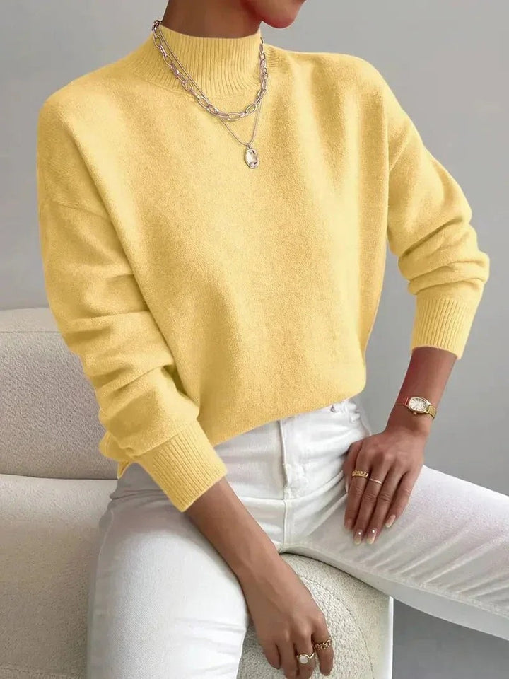 Women's Mock Neck Sweater with Dropped Shoulders - Wilma - Lemon