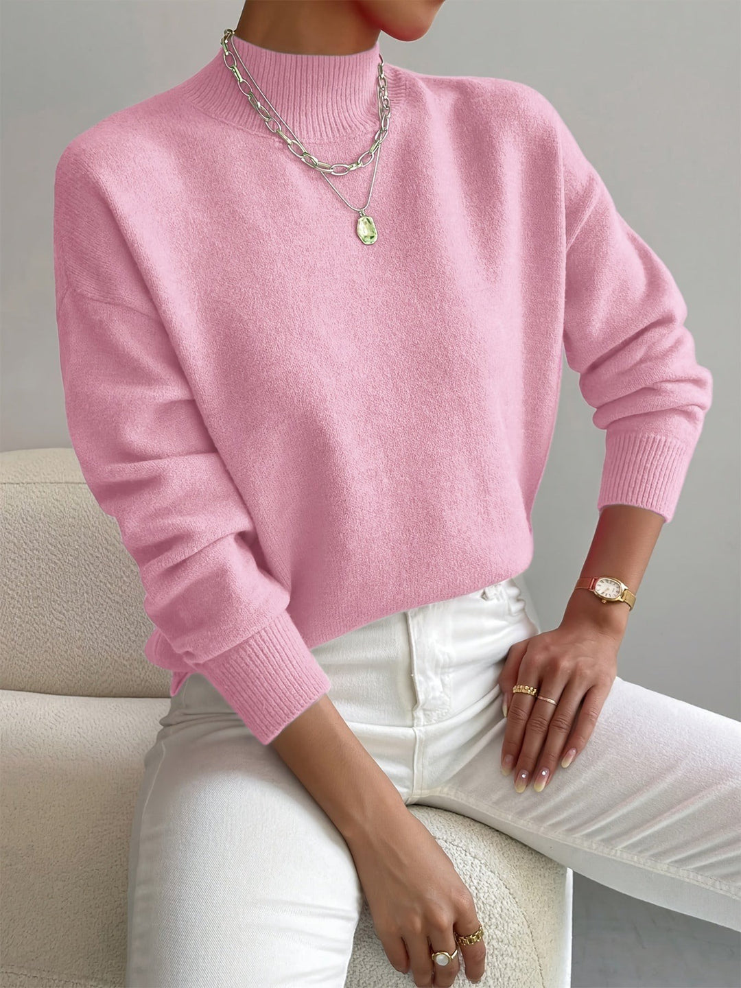 Women's Mock Neck Sweater with Dropped Shoulders - Wilma - Light Pink
