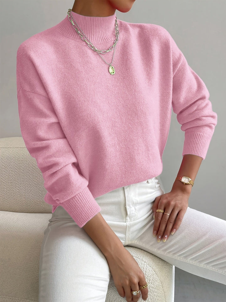 Women's Mock Neck Sweater with Dropped Shoulders - Wilma - Light Pink