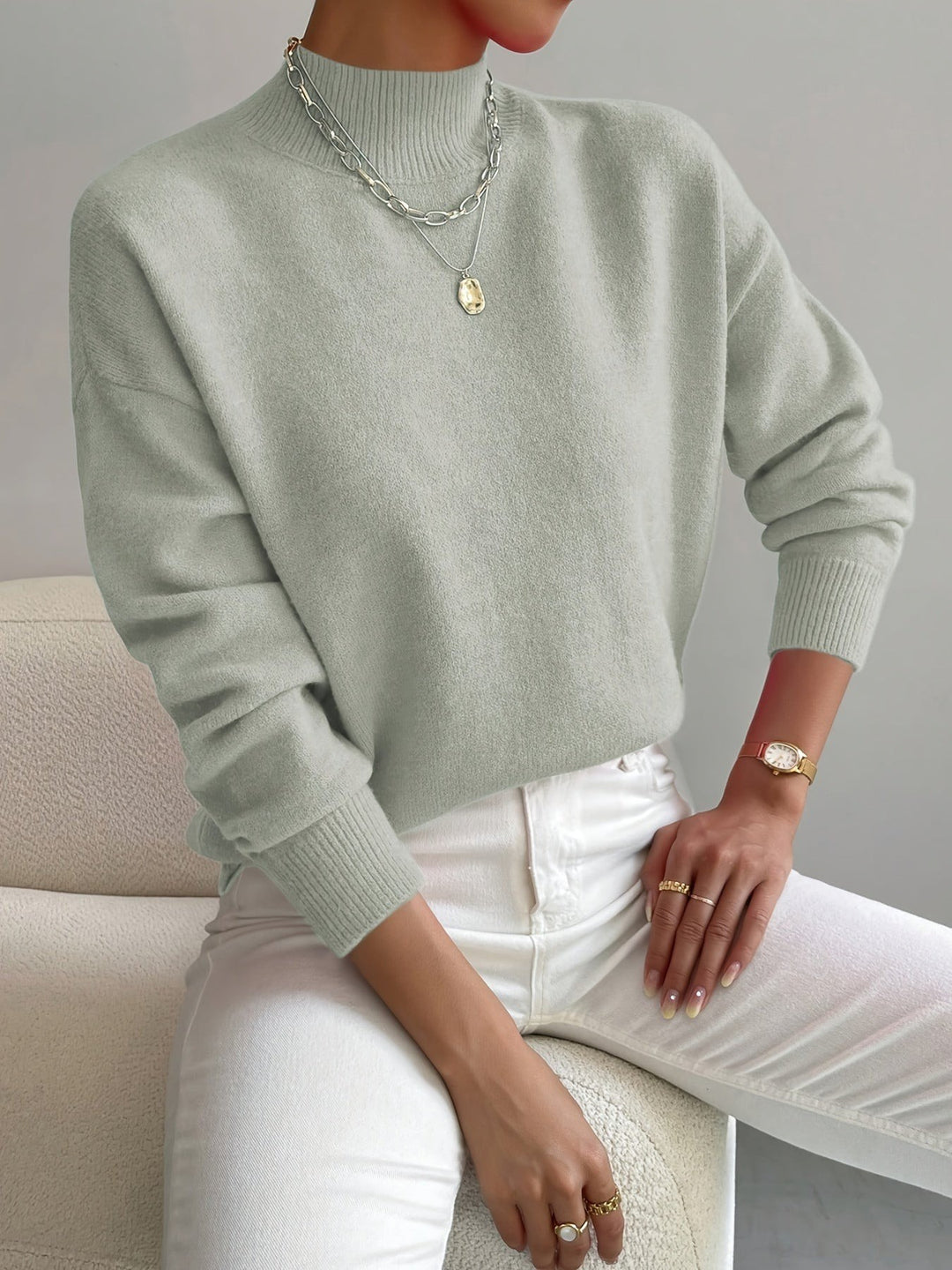 Women's Mock Neck Sweater with Dropped Shoulders - Wilma - Sage