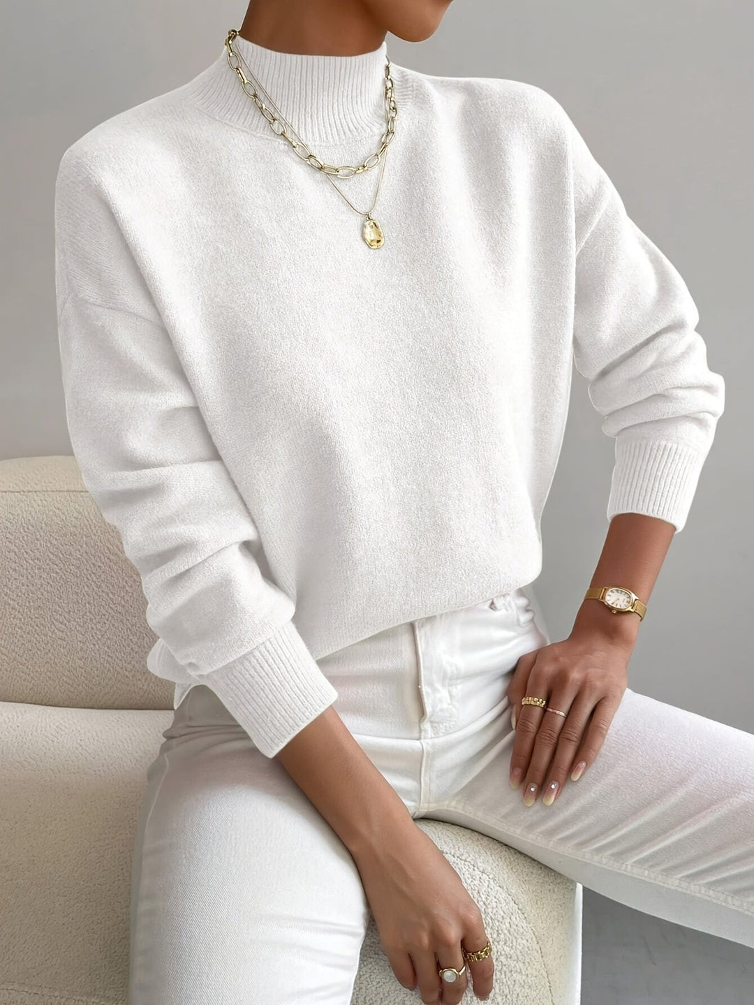 Women's Mock Neck Sweater with Dropped Shoulders - Wilma - White