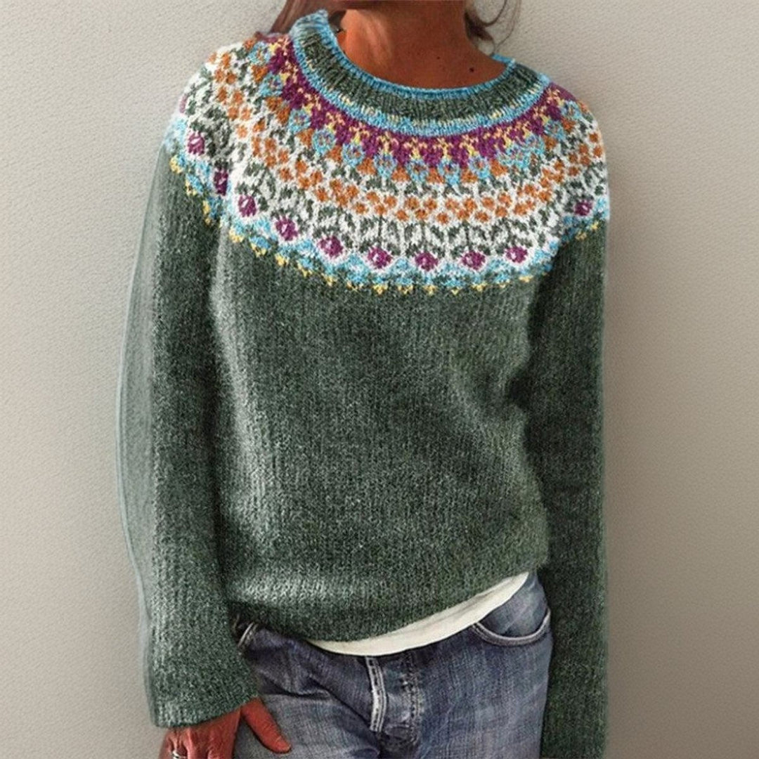 Women's Nordic Sweater with Floral Yoke - Quinn - Sage Floral