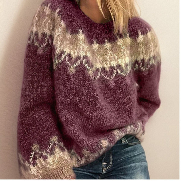 Women's Nordic Sweater with Jacquard Yoke - Vida - Berry
