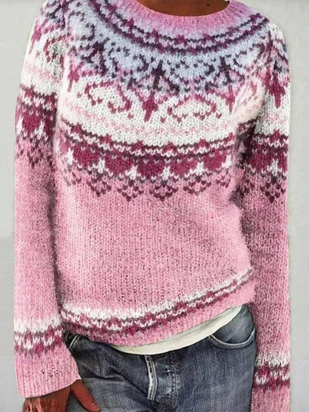 Women's Nordic Yoke Sweater with Crew Neck - Joy - Light Pink