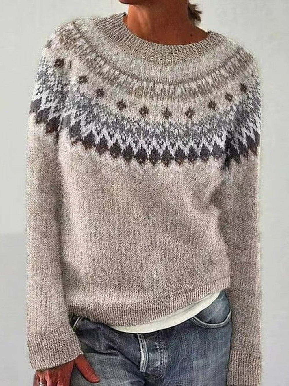 Women's Nordic Yoke Sweater with Crew Neck - Joy - Oatmeal