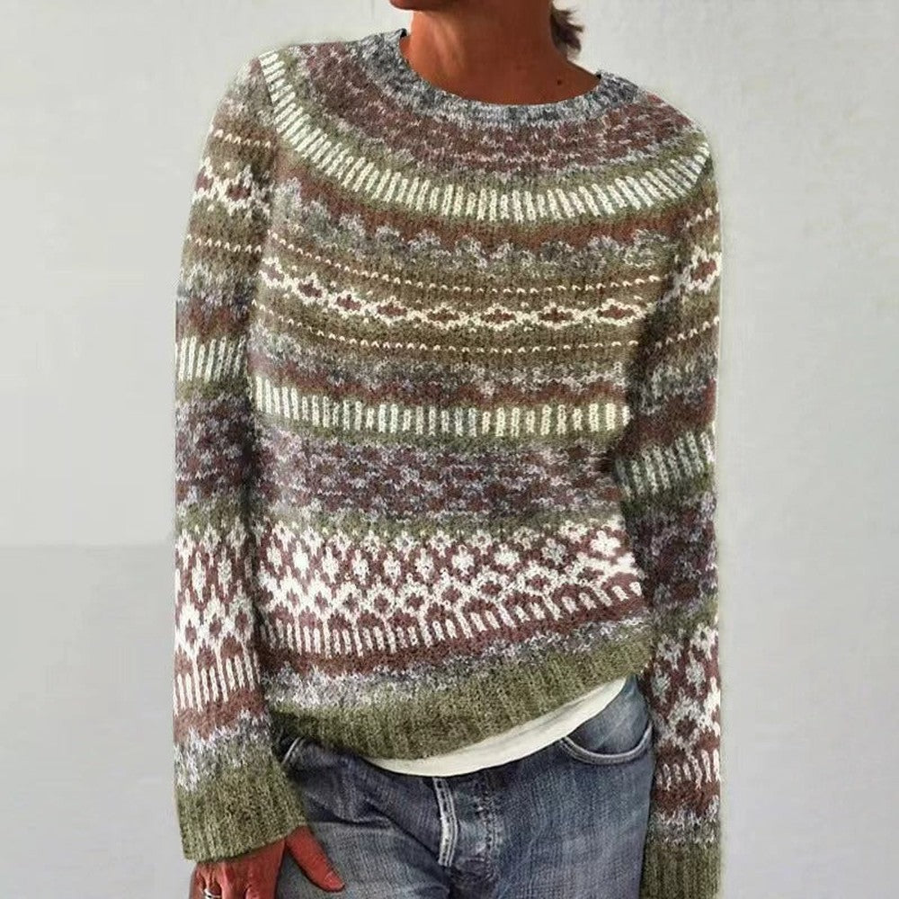 Women's Nordic Yoke Sweater with Crew Neck - Joy - Olive