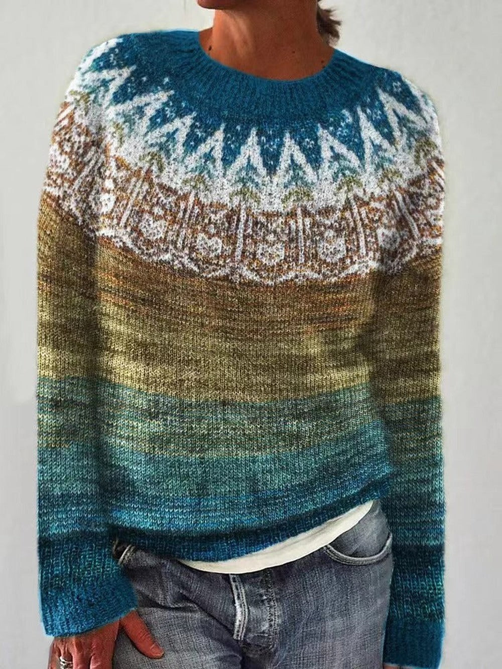 Women's Nordic Yoke Sweater with Crew Neck - Joy - Teal Ombre
