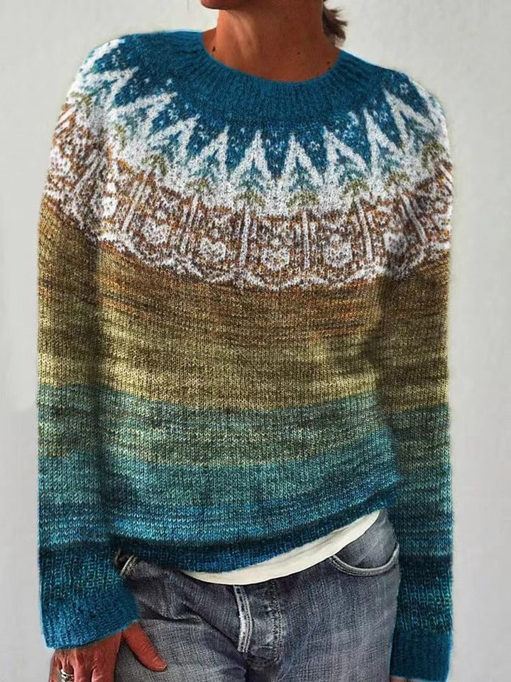 Women's Nordic Yoke Sweater with Crew Neck - Joy - Teal Ombre