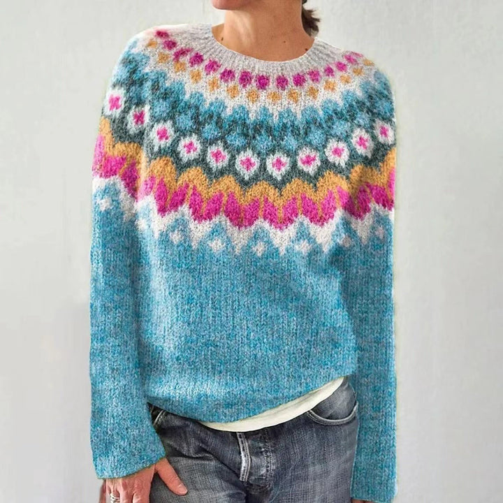 Women's Nordic Yoke Sweater with Crew Neck - Joy - Turquoise