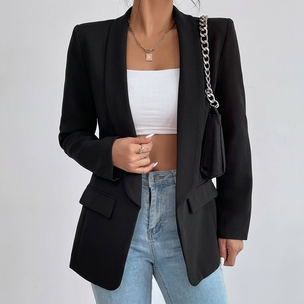 Women's Open Front Blazer with Shawl Lapels - Della - Black