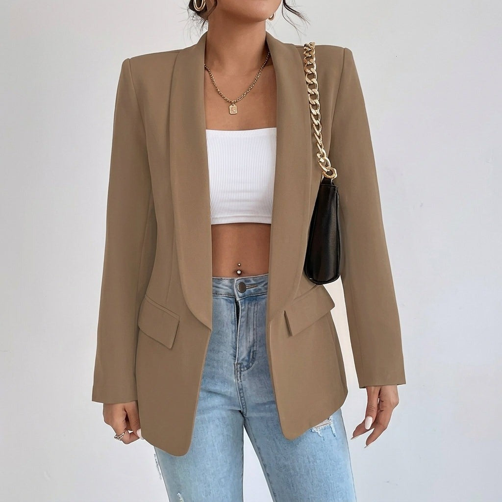 Women's Open Front Blazer with Shawl Lapels - Della - Taupe