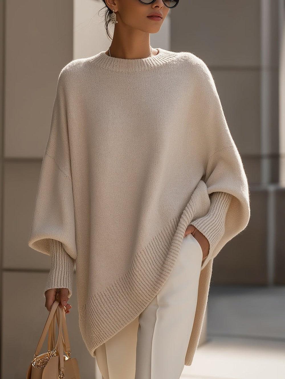 Women's Oversized Batwing Sweater with Side Slits - Ursula - Beige