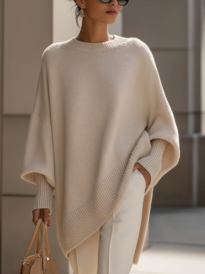 Women's Oversized Batwing Sweater with Side Slits - Ursula - Beige