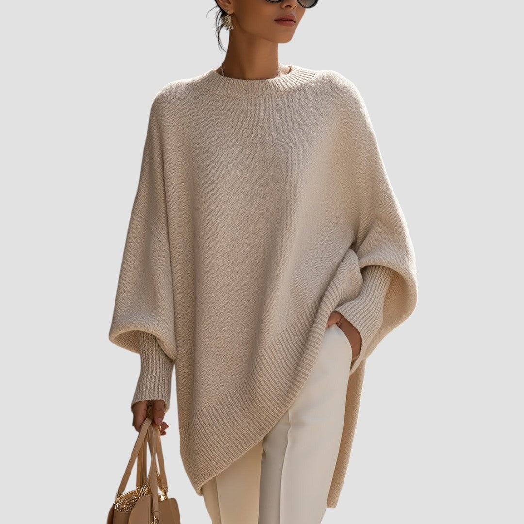 Women's Oversized Batwing Sweater with Side Slits - Ursula - Beige