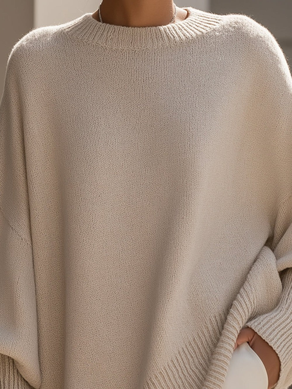 Women's Oversized Batwing Sweater with Side Slits - Ursula - Beige