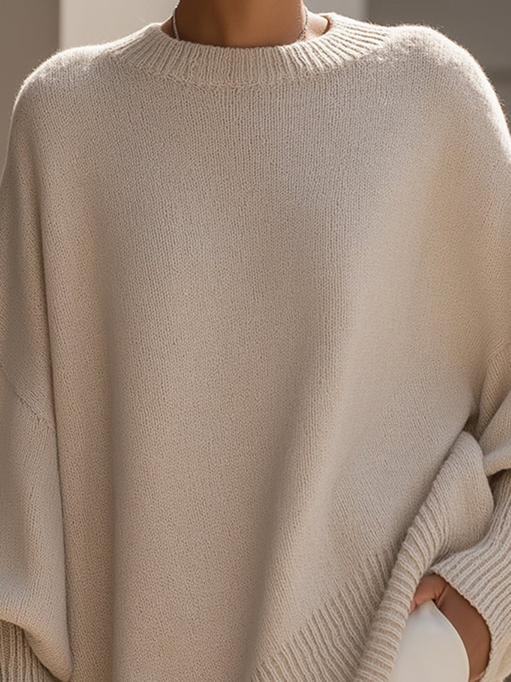 Women's Oversized Batwing Sweater with Side Slits - Ursula - Beige