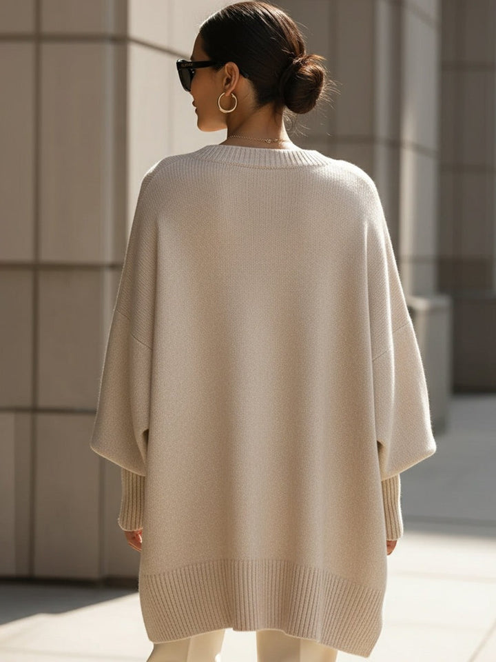 Women's Oversized Batwing Sweater with Side Slits - Ursula - Beige