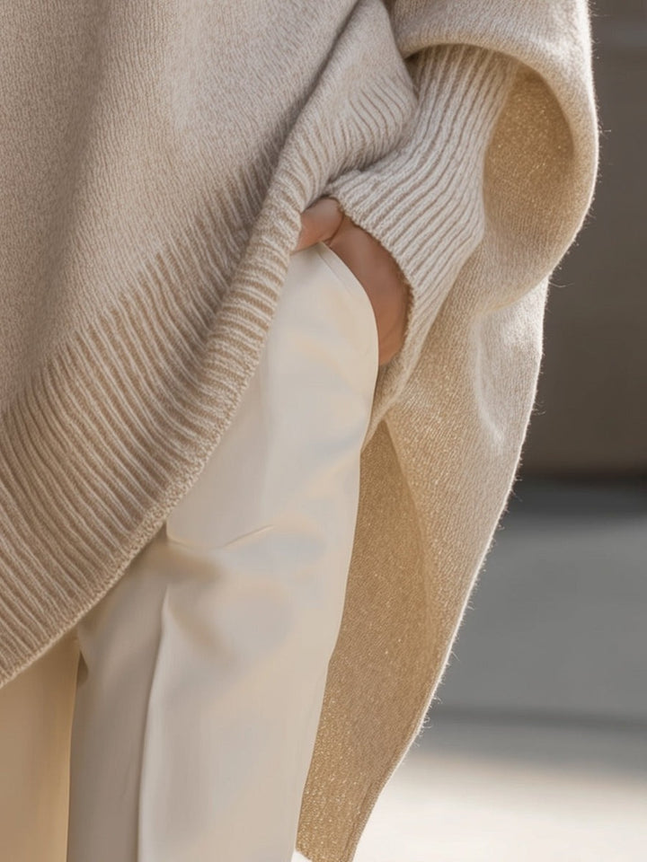 Women's Oversized Batwing Sweater with Side Slits - Ursula - Beige