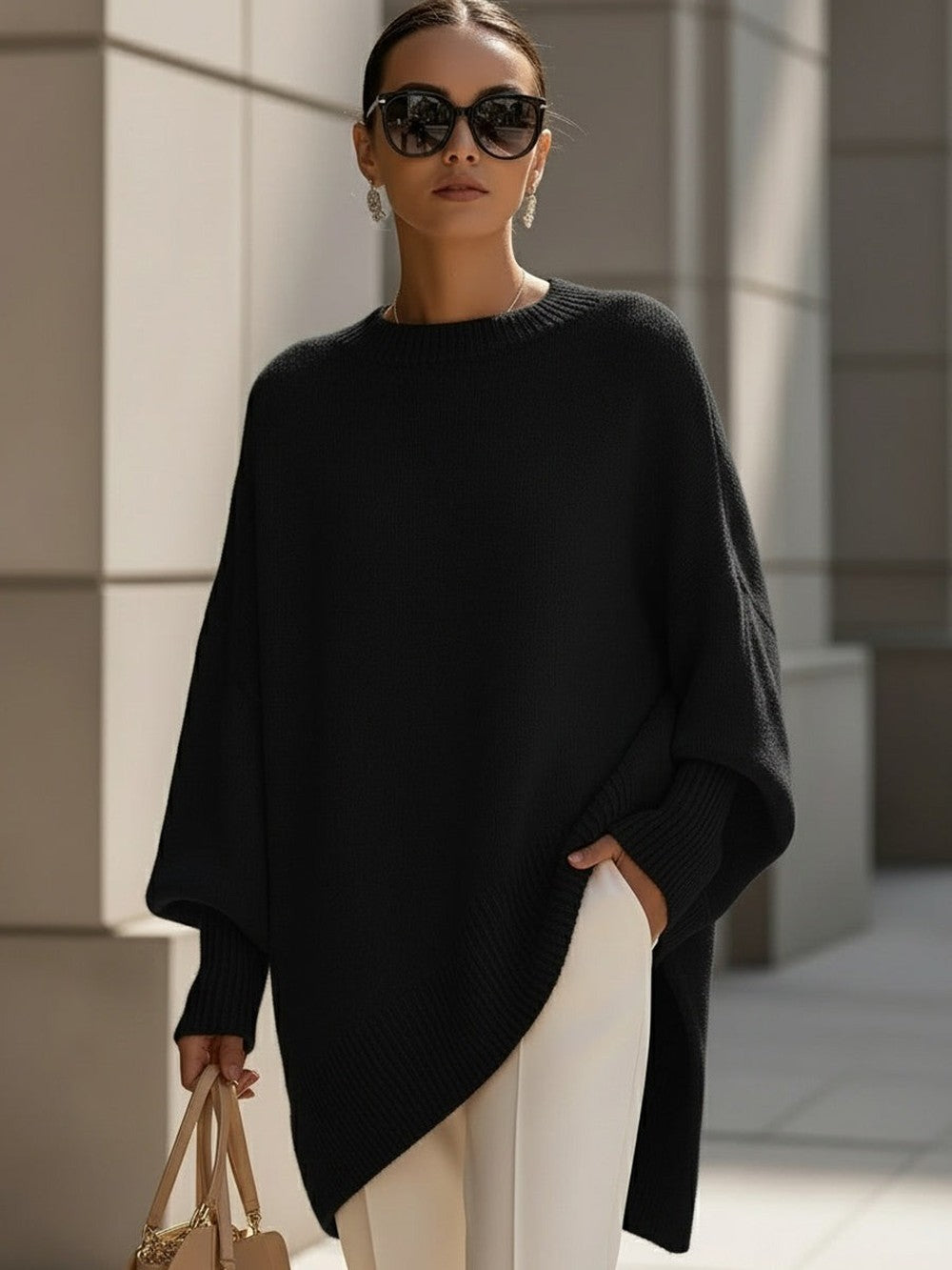 Women's Oversized Batwing Sweater with Side Slits - Ursula - Black
