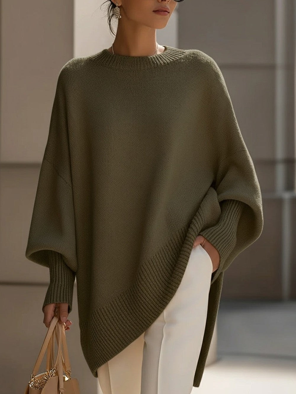 Women's Oversized Batwing Sweater with Side Slits - Ursula - Olive