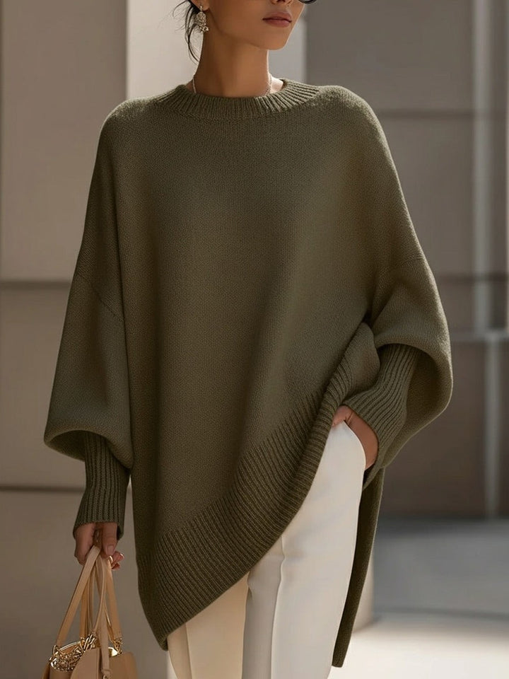 Women's Oversized Batwing Sweater with Side Slits - Ursula - Olive