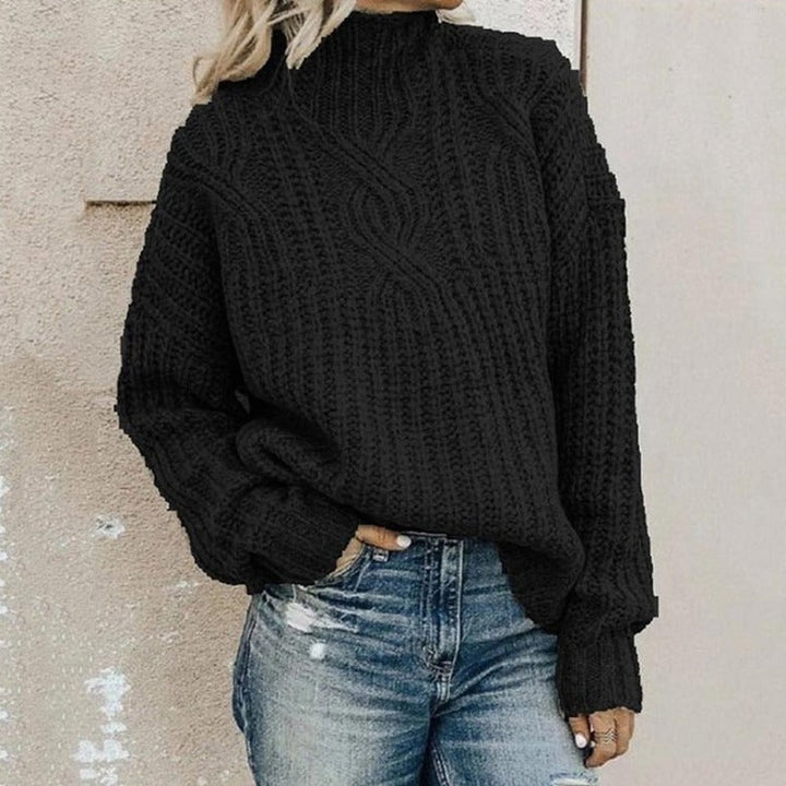 Women's Oversized Cable Knit Sweater with Mock Neck - Tessa - Black