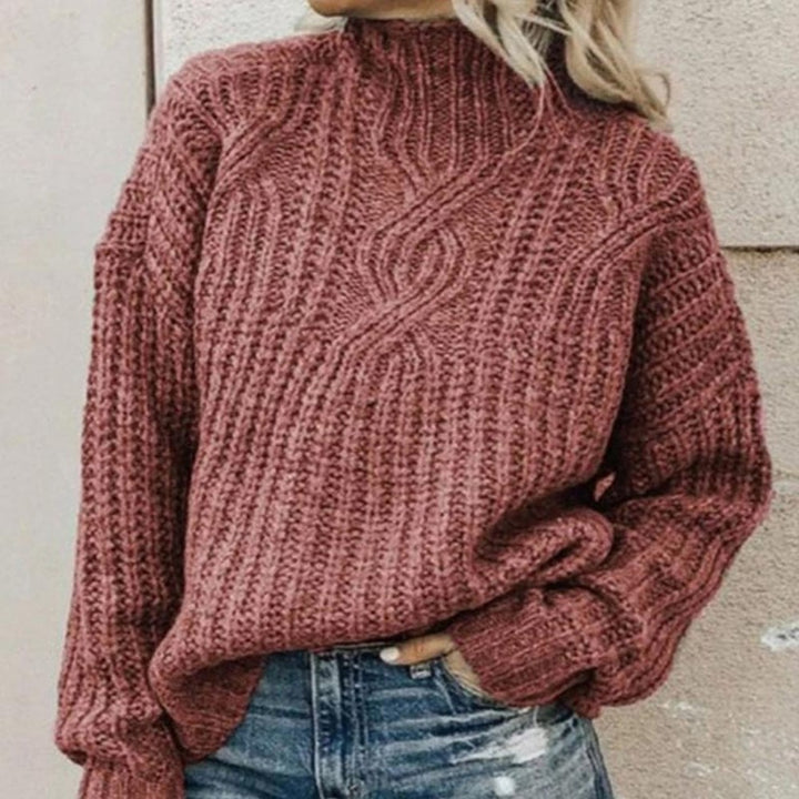 Women's Oversized Cable Knit Sweater with Mock Neck - Tessa - Dusty Rose