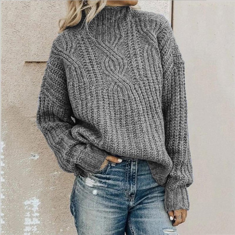 Women's Oversized Cable Knit Sweater with Mock Neck - Tessa - Gray