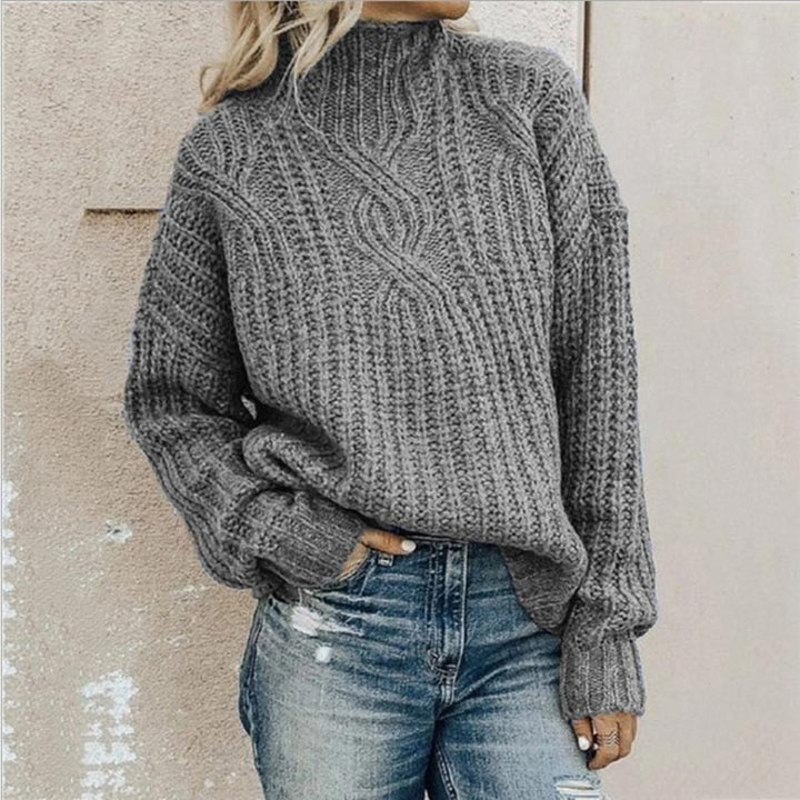 Women's Oversized Cable Knit Sweater with Mock Neck - Tessa - Gray